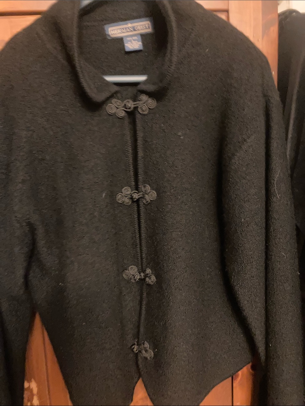 Black Women's Wool Pea Coat with Decorative Frog Closures